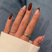 Trendy French Red Short Almond Nail Tips with Cross Lines
