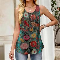 Women's New Fashion Retro Floral Striped Textured Print Round Neck Loose Casual Button-Down Sleeveless Vest Top L smėlis