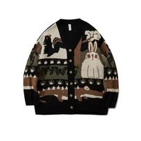Vintage Cardigan Oversized Sweater Men Pullover Hip Hop Streetwear Loose Knitwear Harajuku Cartoon Knitted Sweater M juoda