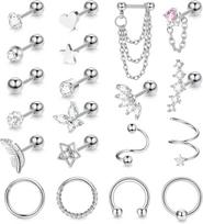 Bobisty 20Pcs 16G Helix Cartilage Earrings Steel Helix Piercing Jewellery for Women Ball Feather Heart Tragus Stud Hoop Set sidabras