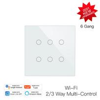 Tuya Moes Glass WiFi Wall Touch Panel Smart Light Switch 6 Gang RF Wireless Muilti-Control Compatible with Alexa Google Home 120mm*120mm&Universal Standard balta