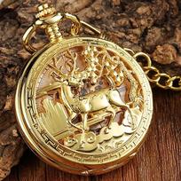 Gold Hollow Deer Motif Mechanical Pocket Watch Retro Double-sided Steampunk Fob Clock Men's Necklace Watch Chain Fashion & Casual