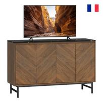 NOUVEAU Meuble TV, meuble télé avec 4 portes, plateau effet marbre, étagères réglables, 120x39x76cm, noyer