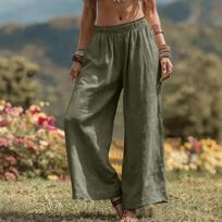 Women's -color Cotton And Linen Wide-leg Pants With Pockets L armijos žalia spalva