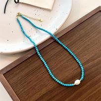 Natural Turquoise Freshwater Pearl Mosaic Necklace - Simple and Versatile Handmade Bead Choker Necklace A freshwater pearl