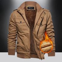 Men's Fleece Jackets Windbreaker Coats Fall Winter Thermal Bomber Jackets Multi-pockets Stand Collar Motorcycle Jacket M chaki