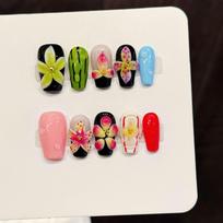 Color Block Hand-painted 3D Flower Press-on Nails Medium Length Trend Nail Art Stickers 0.1kg&xs