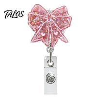 ID Card Holder Nurse Badge Reel, Funny Retractable Glitter Acrylic Name Tag with Bow Reel Clip, Sparkly Cute for Teachers Student Staffs Heavy C