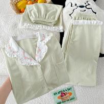 Milk green solid color pajamas women's summer new imitation cotton edge niche loungewear short-sleeved three-piece set M [recommended 80-50 kg]