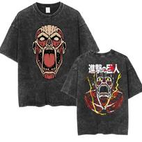 Japanese Anime Attack on Titan Eren Print Washed T-shirt Men Women Cotton Casual Loose Shirt Streetwear Hip Hop Trendy Clothing L