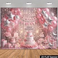 2D Sweet Pink Birthday Backdrop with Cake, Balloons & Lights 47.2x31.5inch/120*80cm