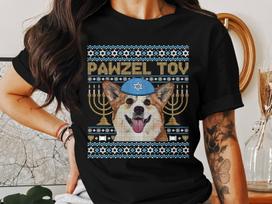 Corgi Dog Pawzel Tov Hanukkah T-Shirt, Cute Jewish Hanukkah Dog Shirt, Funny Hanukkah Corgi Gift for Dog Lovers L