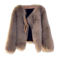 Auutmn Winter Lady Cardigan Coat Furry Pliušinė sagtimi ir dirželio dekoro V kaklelis ilgomis rankovėmis pastorintas vientisos spalvos dirbtinio kailio megztinis megztinis striukė S kava