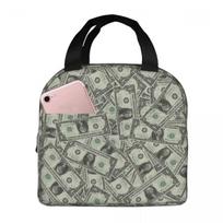 Money Dollars Bill Pattern Insulated Lunch Bag for Women Kids Leakproof Food Boxes Thermal Lunch Box Tote One Size