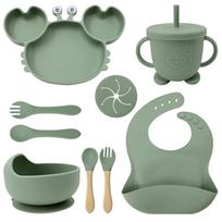 9Pcs/set Children's Silicone Tableware Crab Dinner Plate Baby Tableware Food Bowl Silicone Spoon and Fork Feeding Tableware
