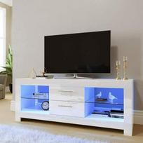 TV spintelė - Blizganti balta - Su LED apšvietimu - 2 stalčiai ir stiklinės lentynos
