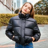 Žieminė stora, šilta, apipjaustyta striukė, moteriška juoda PU odos parkai Elegantiškas paltas su užtrauktuku medvilninis paminkštintas pankrokas XXL juoda