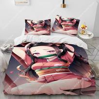 Demon Slayer Bedding Set Kamado Nezuko Duvet Cover Set Bedspread Pillowcase King Queen Full Single Size Bed Linen Boys Teen Gift EU Single(135*200cm)3pcs