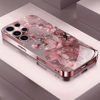 Rožinių vyšnių žiedų rašto metalizuotas grūdintas stiklas telefono dėklas, skirtas iPhone 17 Pro Max 11 12 13 14 15 16 Pro Plus 17 Air 17E Dangtelis iPhone 16 gray