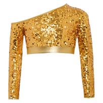 Girls Jazz Dance One Shoulder Long Sleeve Sequins Top Performance Competition Costume 5-6 Years auksas