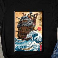 Studio Ghibli Judantis pilis marškinėliai, Didžioji bangų Kanagavos japonų anime Miyazaki T-shirt, Howls pilies marškinėliai, Calcifer Ghibli dovanų drabužiai XL beige