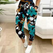 Summer Ladies Vintage Pattern Printed Sweatpants Loose Fit Drawstring Joggers Elastic Cuff Daily Casual Pants XS žalia