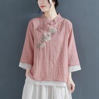 Women's Chinese Style Linen Blouse Floral Embroidery Mandarin Collar 3/4 Sleeve Casual Top L rožinė