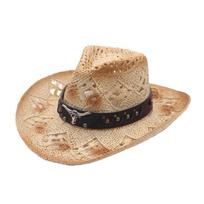 Western Cowboy Panama Paper Hat Carbonized Hollow Breathable Vintage Summer Outdoor Sun Sombrero Adjustable Striped USA Mexico Adult one-size