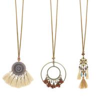 CUCU 3PCS Bohemia Women Handmade Beads Tassels Pendant Chain Sweater Long Necklace Jewelry