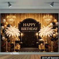 2D Roaring 20s Happy Birthday Backdrop Black Gold Glitter Curtain Party Background Banner 47.2x31.5inch/120*80cm