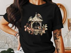 Birdhouse T-Shirts, Cottagecore Aesthetic, Vintage Bird Feeder Art, Birds on Feeder Tee, Nature Lover Gift, Autumn Leaves Design L