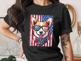 Corgi American Flag T-Shirt, Patriotic Corgi Tee, 4th of July Dog Lover Shirt, Independence Day Grunge Flag Graphic Tee, Cute Puppy Gift 4XL