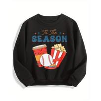 Kids Crewneck Sweatshirt, Festive Baseball & Popcorn Graphic Print 110 juoda