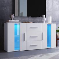 Moderni TV spintelė, balta, su LED apšvietimu, 2 durimis ir 3 stalčiais, svetainės baldas, 140 x 35 x 70 cm