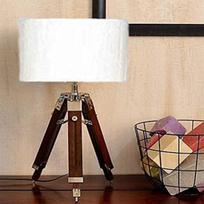 Beige Teak Wood No Shade Drum Tripod Classic Bedside Table Lamp for Living Room Bedroom