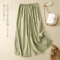 Cotton and linen embroidered wide-leg pants women's hem split-ended literary retro loose casual pants 2025 summer new elastic waist M abrikosas