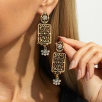 Retro Ethnic Style Metal Flower Plate Pendant Long Necklace, Creative Crystal Chain Fringed Necklace