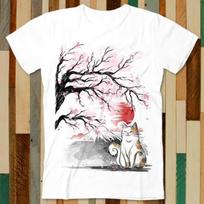 Sakura Tree Japanese Cat At Fuji Mountain T Shirt Adult Unisex Men Women Retro Design Tee Vintage Top A4862 XL
