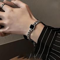 Retro Square Black Gemstone Men Bracelet Hip Hop Thick Chain Stainless Steel Bracelet Simple Cuban Chain Jewelry Accessories