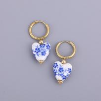 New Blue and White Porcelain Teapot Pendant Earring Vintage Ceramic Heart Ball Pearls Dangle Earrings Stainless Steel Jewelry