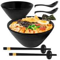 Keraminių ramen dubenėlių rinkinys iš 2 vnt. Dubenėliai su lazdelėmis ir šaukštais 38oz Ramen dubenėlis Švelnus juodas 7.7 juoda