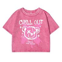 Chill Out Bear Printing Women Wash Short T Shirt Summer Breathable Tshirt Street Fashion Retro Distress Tops Female M