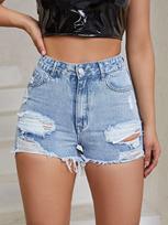 High-Waisted Raw Edge Ripped Denim Shorts for Women - Casual Style, New INS Collection Extra Large (32) mėlyna