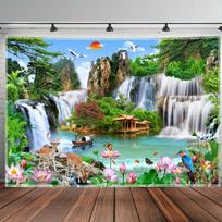 Feng Shui Waterfall Tapestry Wall Hanging, Scenic Mountain Lake with Animals & Flowers Tapestry for Bedroom Living Room 47.2x31.5inch/120*80cm