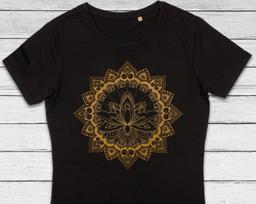 Lotus Mandala T-Shirt: Gold Henna Print, Organic Cotton Tee S