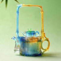 Bamboo Joint Handle Teapot LIULI Handcrafted Chinese Style Art Tea Pot with Bamboo Leaf Finial, Blue-Green to Amber Gradient, Decorative Sculpture coloful