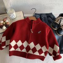 Kids Red Knit Cardigan with Argyle Pattern Warm Winter Holiday Sweater for Boys and Girls 80