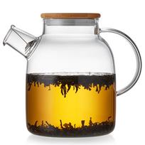 Pokaro Stiklinis arbatinukas su kaitinimo elementu, Atsparus karščiui stiklinis arbatinukas, Didelės talpos 1600 ml, Saugus karščiui, Bambuko dangtelis, Atsparus dūžiams, Skaidrus cilindrinis stiklinis arbatinukas