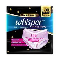 Whisper Super Absorbent Period Panty, 6 L-XL Pants, 360 Degree Leakage Protection for Heavy Flow, Panty like Fit for Full back Coverage, Absorbs He