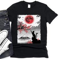 Black Cat Mount Fuji T-Shirt, Japanese Art Unisex Tee S